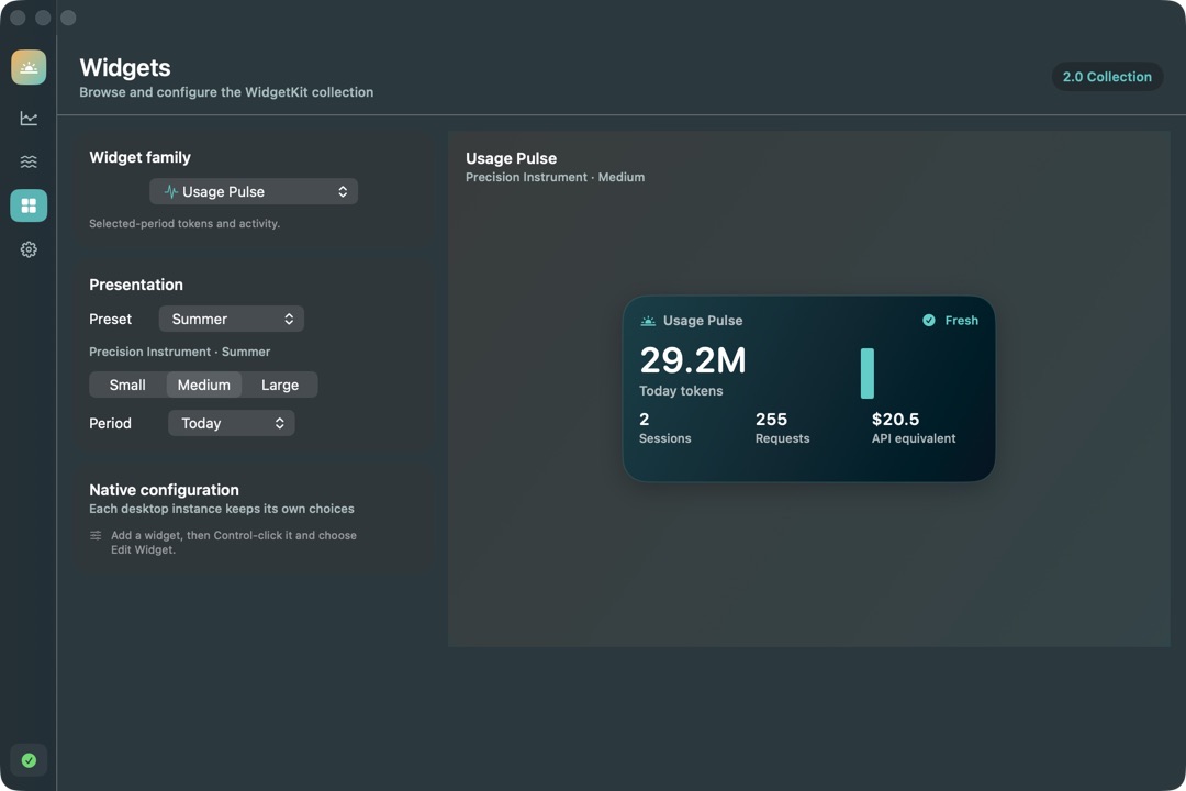 Widget workspace with preset controls and a native widget preview.